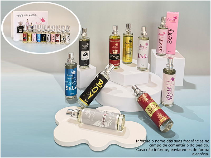 Kit com 10 perfumes de 30ml + 1 estojo + 10 amostras + frete gr�tis + site + loja